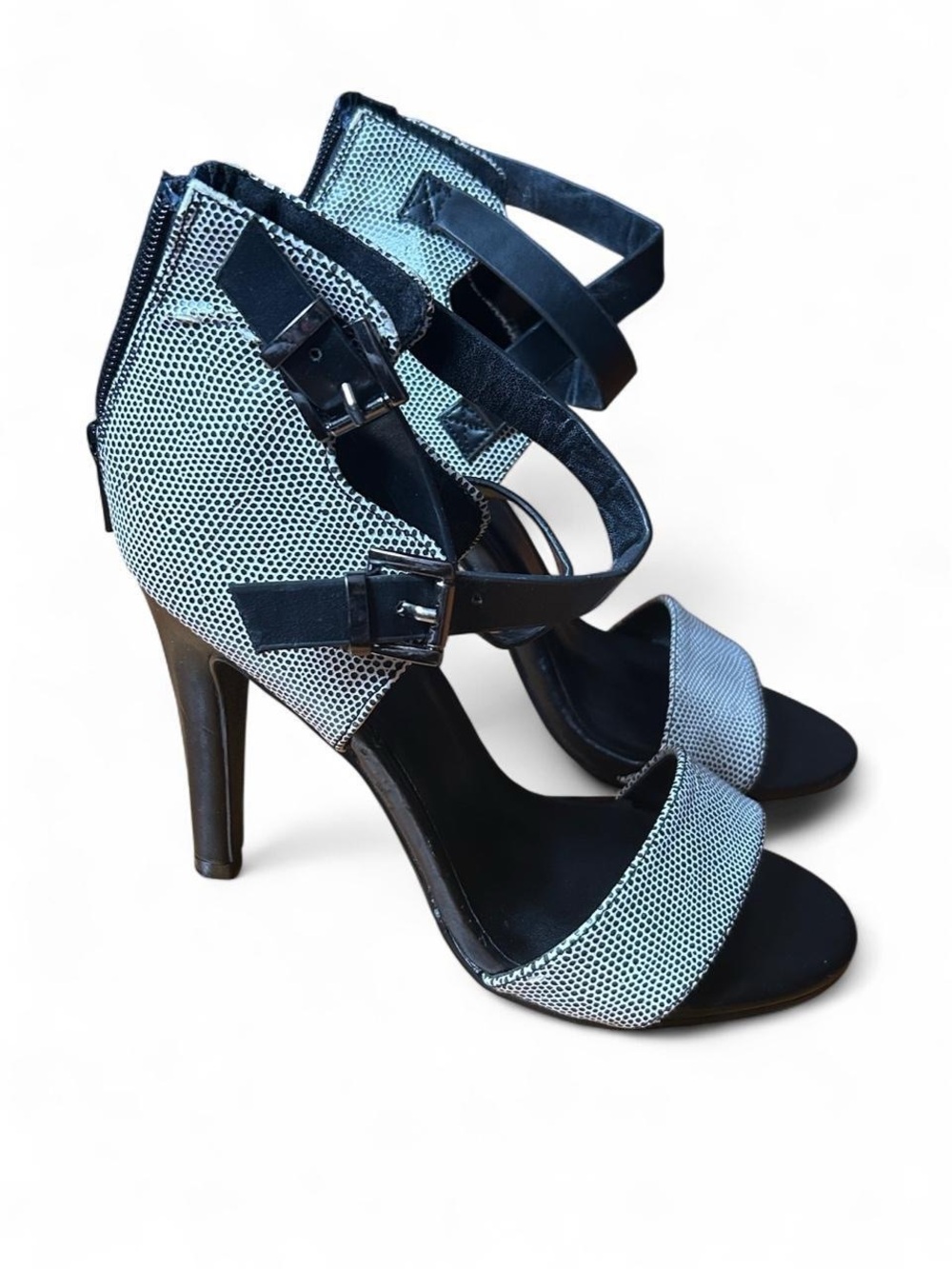 Charlotte Russe Textured Strappy Stiletto Sandals Black White Minimalist Twee 6